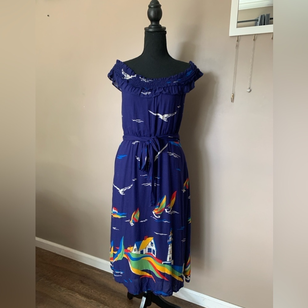 48 of 52 Conversations Anthropologie off shoulder nautical lighthouse dress sz 4 - Picture 3 of 13